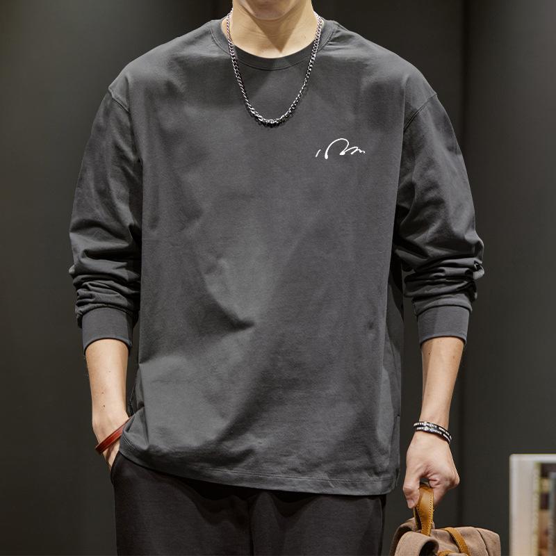 Men's White Long Sleeve T-Shirt - Minimalist Small Signature Print Casual Top