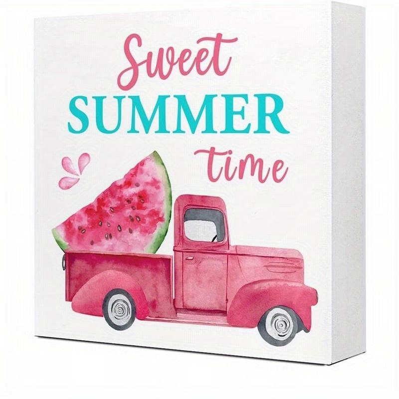

Summer Watermelon Truck Sign. Rustic pink wooden plaque for country kitchen & shelf decor. чистый
