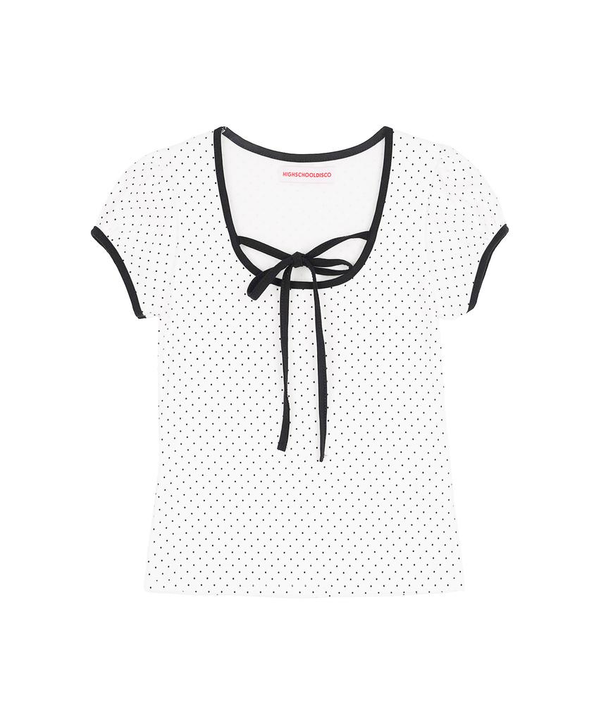 HIGH SCHOOL DISCO Puff Sleeve Dot Ribbon Short Sleeve T-Shirt White