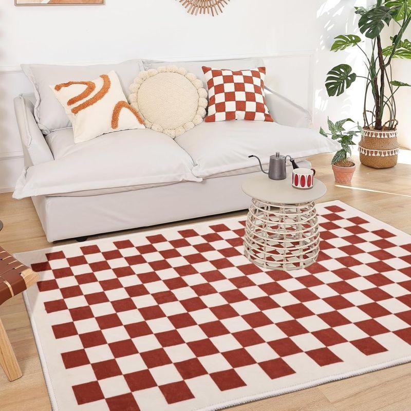 Karierter Teppich, quadratisch, waschbar, für die Inneneinrichtung, Flächenteppich mit Rutschfester Matte, karierter Teppich für Wohnzimmer, Schlafzimmer, Küche