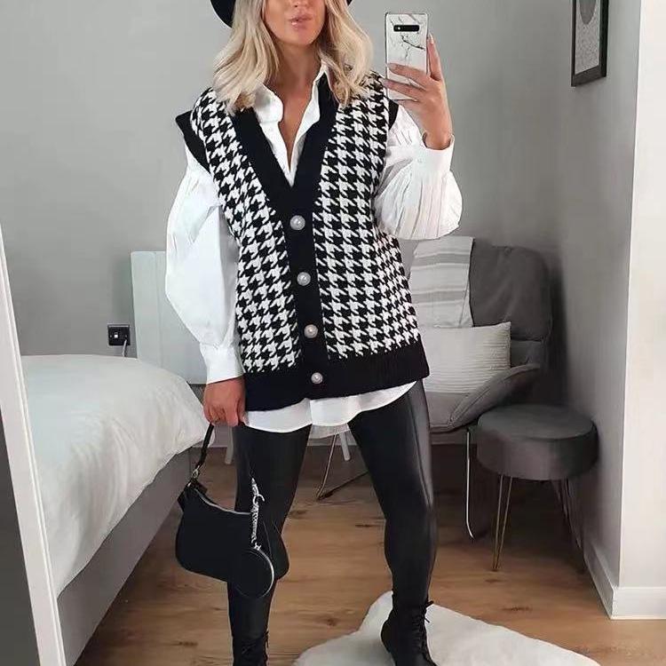 2023 Spring & Autumn Women's Houndstooth Knit Sleeveless Cardigan Vest