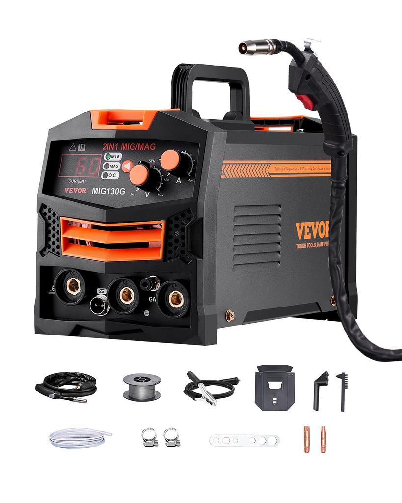 VEVOR MIG Welder, 130A Synergic Mig Welding Machine, 2-in-1 Gas MIG/Gasless Flux Core MIG Multi-Process Welder Machine