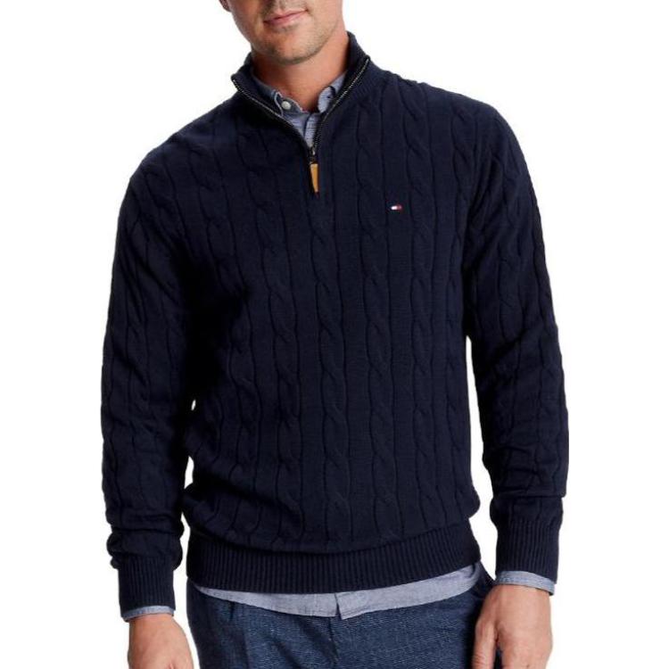 Tommy Hilfiger Plain Cable Knit Half-Zip Business Sweater Men sweater Navy-Blue 78J9816-410