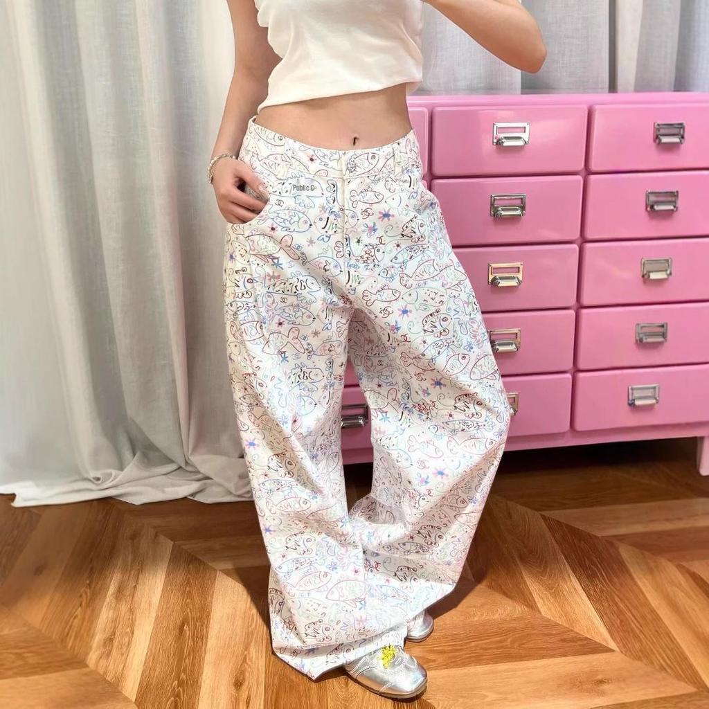 White Fish Print Jeans: 2025 Spring/Summer Women's Loose Casual Wide-Leg Pants