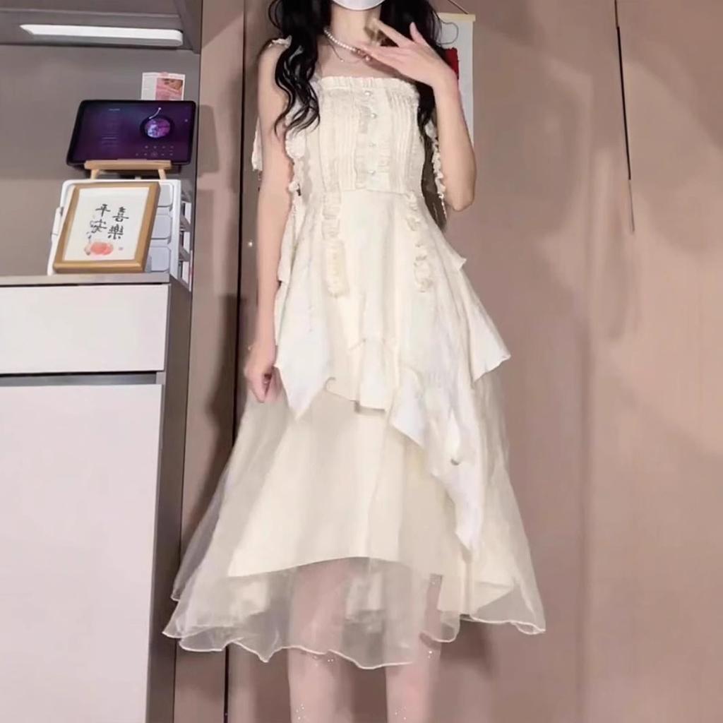 Gentle Wind Princess Long Dress Fairy Fairy Dress Sweet Suspender Irregular Pleated Dress Female Summer