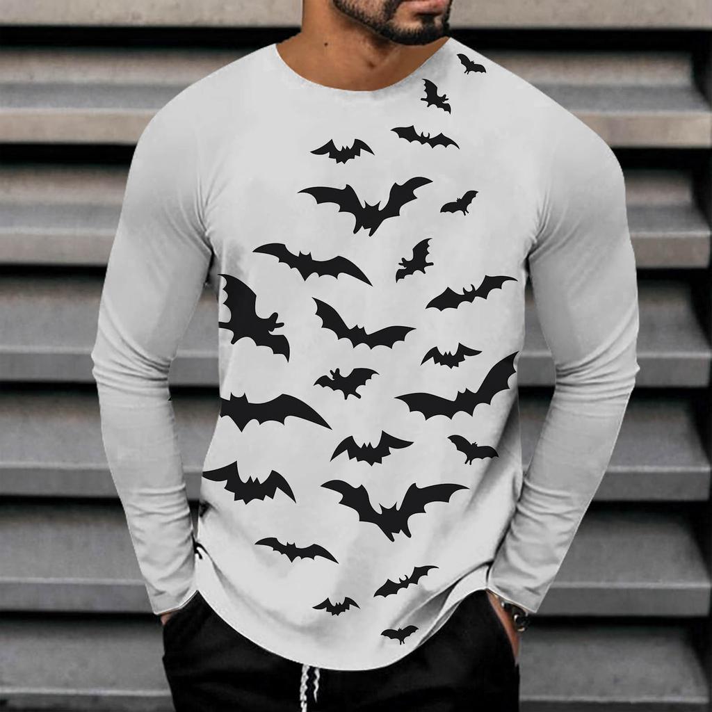 Spring and Autumn Round Neck 3D Bat Printed Top Fashionable Casual Long Sleeved Men's T-shirts