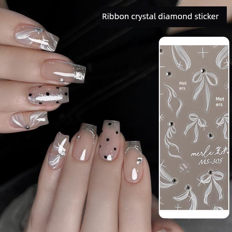 

Best Selling Bright Crystal Nail Art Sticker Silk Ribbon Gentle Ballet Nail Feather Bows Nail Sticker Flower Ornaments One ribbon sticker for each of the five
