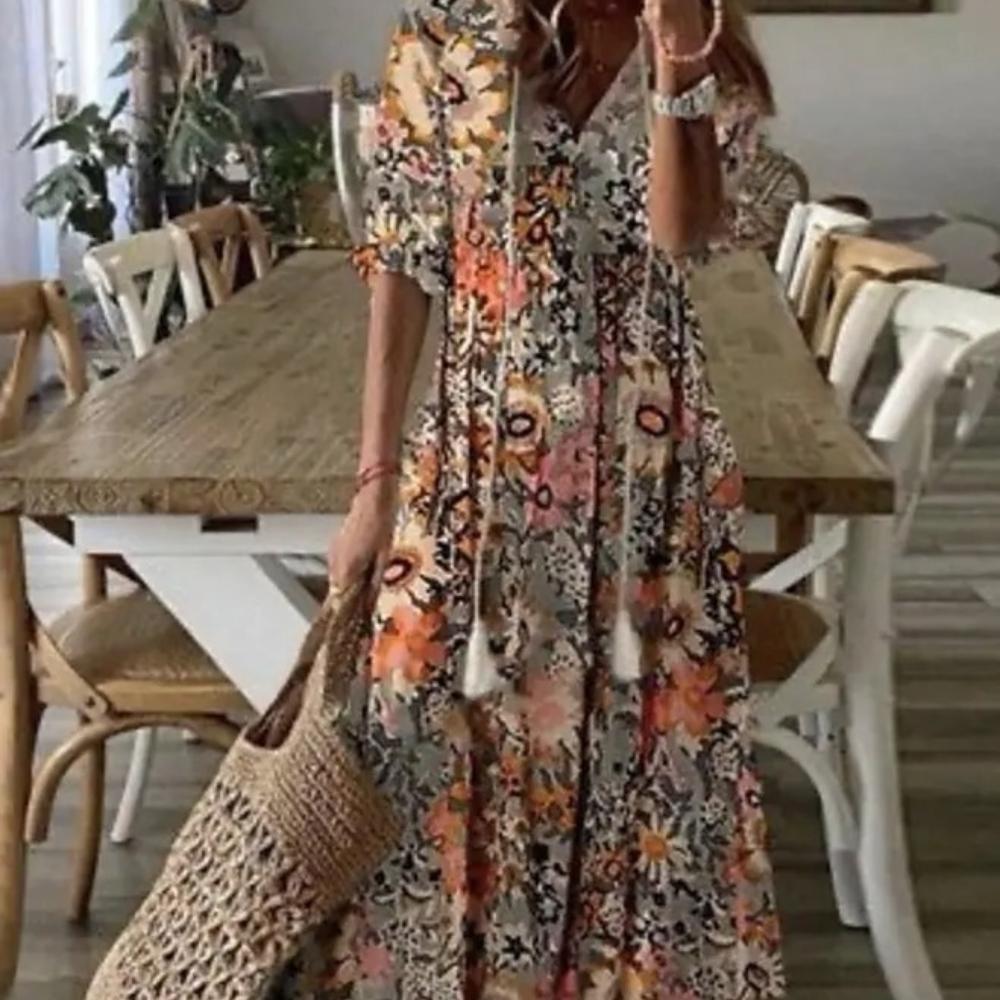 Summer Women V-neck Short Sleeved Long Dress Elegant Flower Printed Women's Loose Dress Bohemian Style Women's Clothing