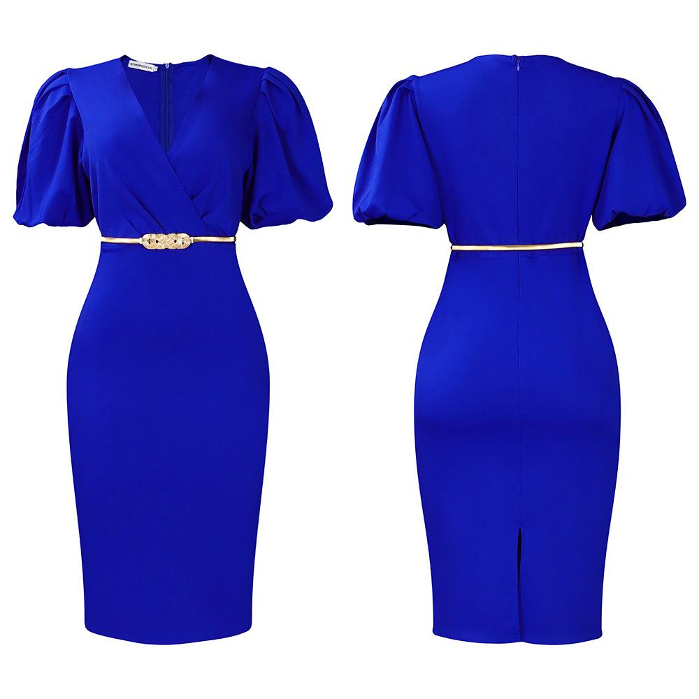 IHUASU Women's Summer Short Sleeve V-Neck Bubble Sleeve V-neck Bag Hip Professional OL Temperament Tong Le High Waist Dress