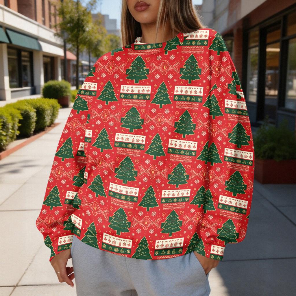Women's Christmas Print Crewneck Sweatshirt Lightweight Casual Long Sleeve Pullover Top