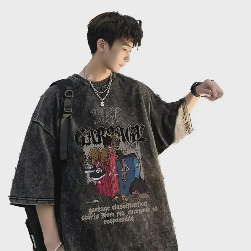 European & American High Street Retro Washed Hip-Hop T-Shirt - Men’s Summer West Coast Cotton Heavyweight Short Sleeve