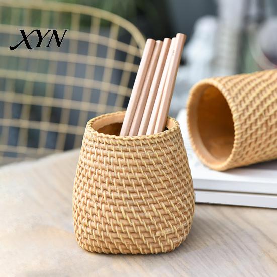 Makeup Brush Holder Faux Rattan Pen Holder, Woven Style Boho Pencil Storage Box Desktop Organizer, Multi-functional Resin Cup for Home Office