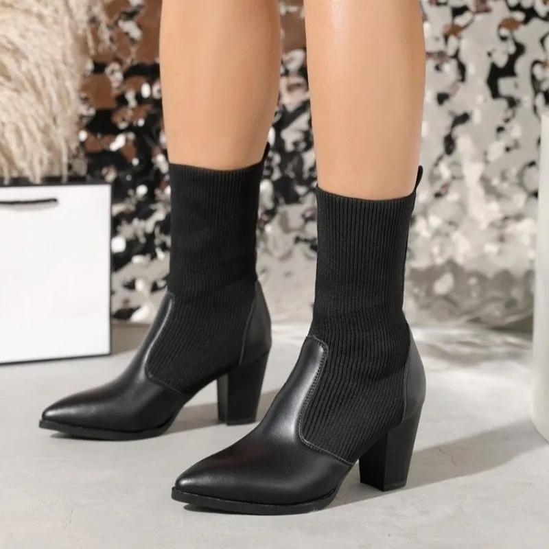

Shoes for Women 2024 High Quality Slip on Women s Boots Autumn Pointed Toe Solid Mid-Calf High Heels Short Barrel Stretch Boots