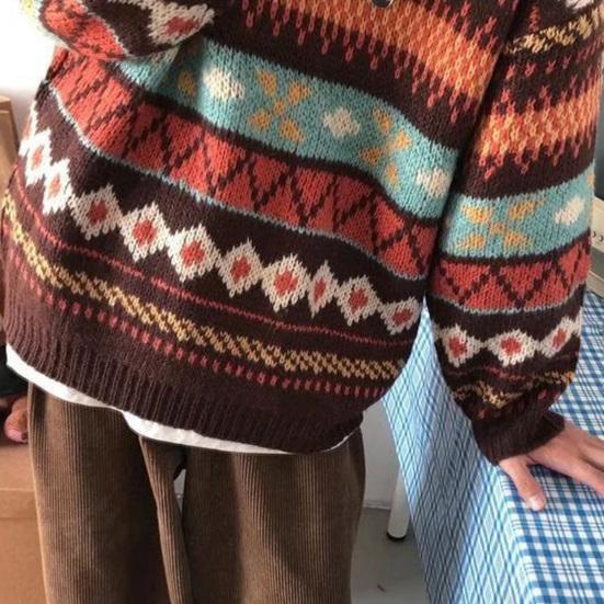 Men Autumn Sweater Geometric Print Colorful Long Sleeves Round Neck Loose Warm Thick O Neck Elastic Spring Sweater for Daily Wear