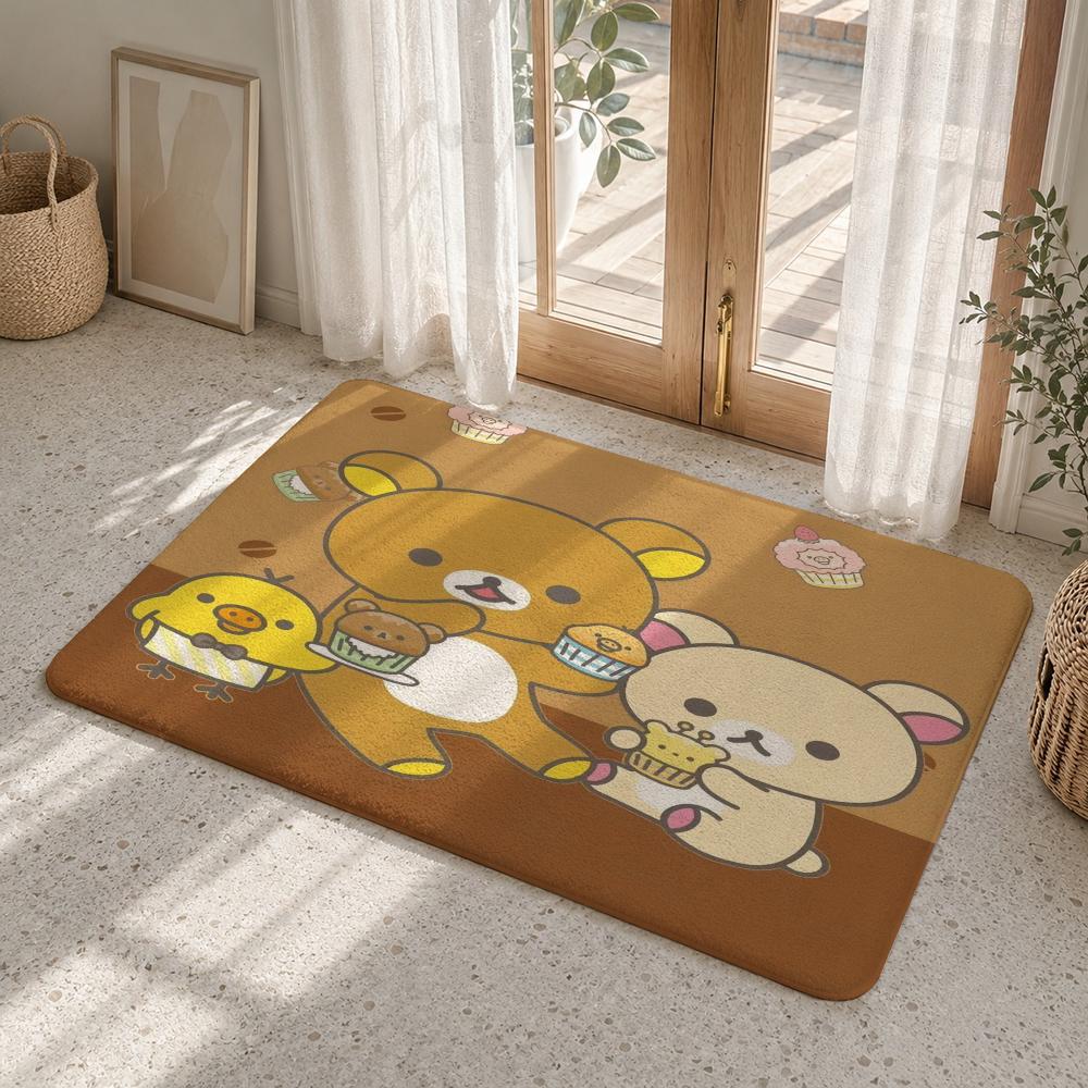 Cute Cartoon Rilakkuma Floor Mat Flannel Rug Non Slip Absorbent Soft Washable For Entryway Hallway Bathroom Kitchen Decor