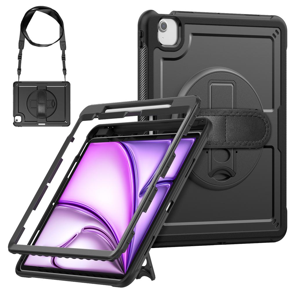 For iPad Air 13 (2025) M3 A3268/(2024) M2 Case Kickstand PC + TPE Tablet Cover with Hand Strap and Shoulder Strap
