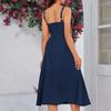 Women Sleeveless Dress Spaghetti Strap Square Neck Midi Dress Lace-Up Swing Long Dress Flowy A-Line