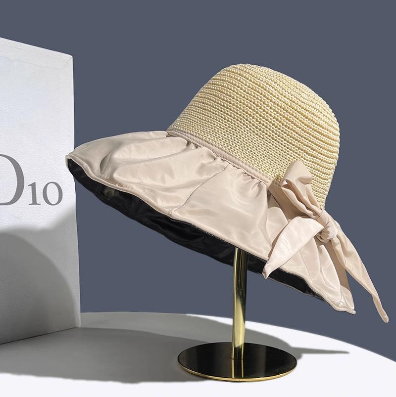 

Summer vinyl bow sun hat women s hollow straw hat UV protection big brim face protection sun bucket hat бежевий