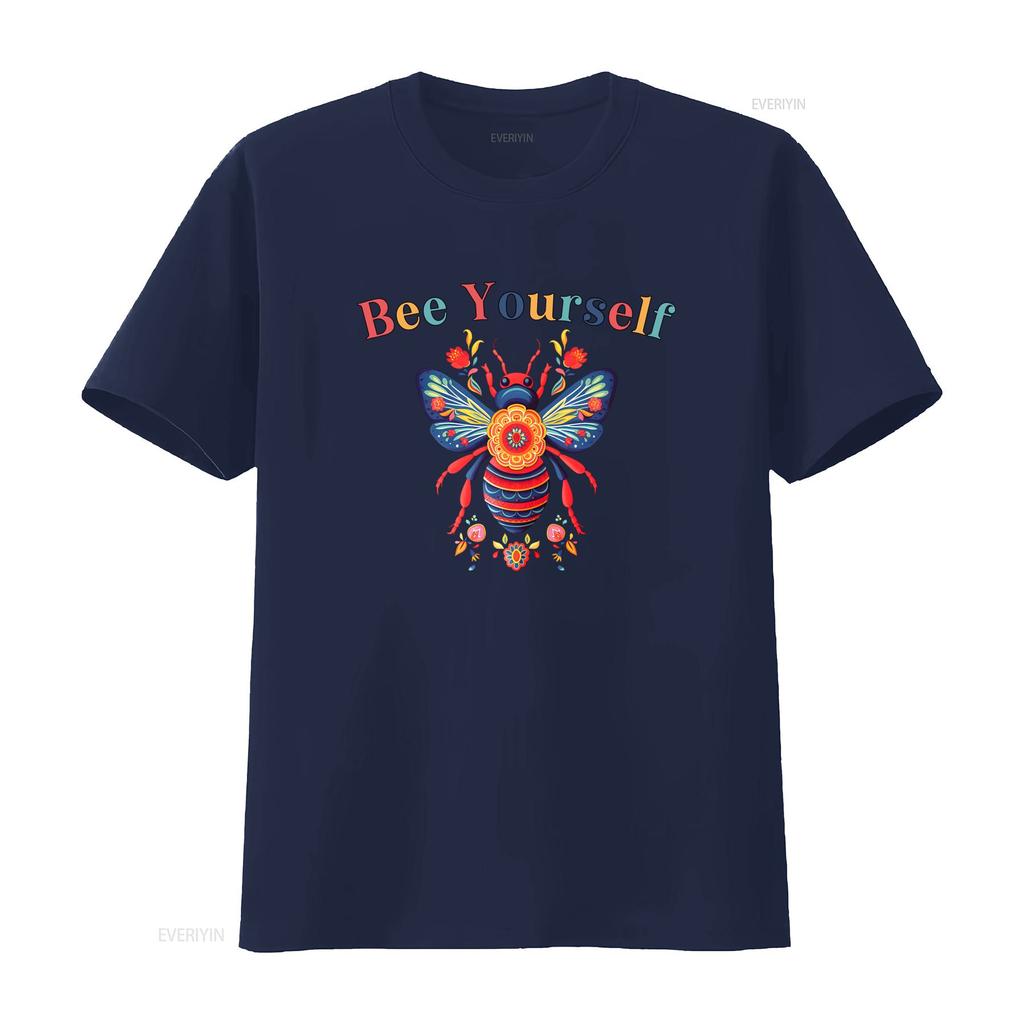 Folk Art Bohemian Bee Yourself Slogan Colorful Floral Print Casual T Shirt vintage Washed fashion Stylish Stretched