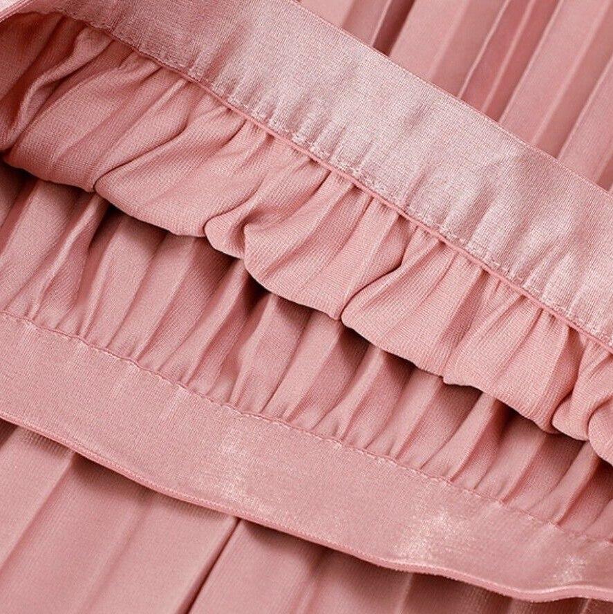 Qooth Dámské 11 barev elastická skládaná sukně v pase Elegantní vintage dlouhá jednobarevná sukně do A na podzim QT2220