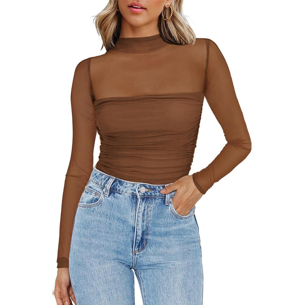 Maglia a maniche lunghe da donna con collo alto, vestibilità aderente, streetwear, top in maglia a rete trasparente arricciato