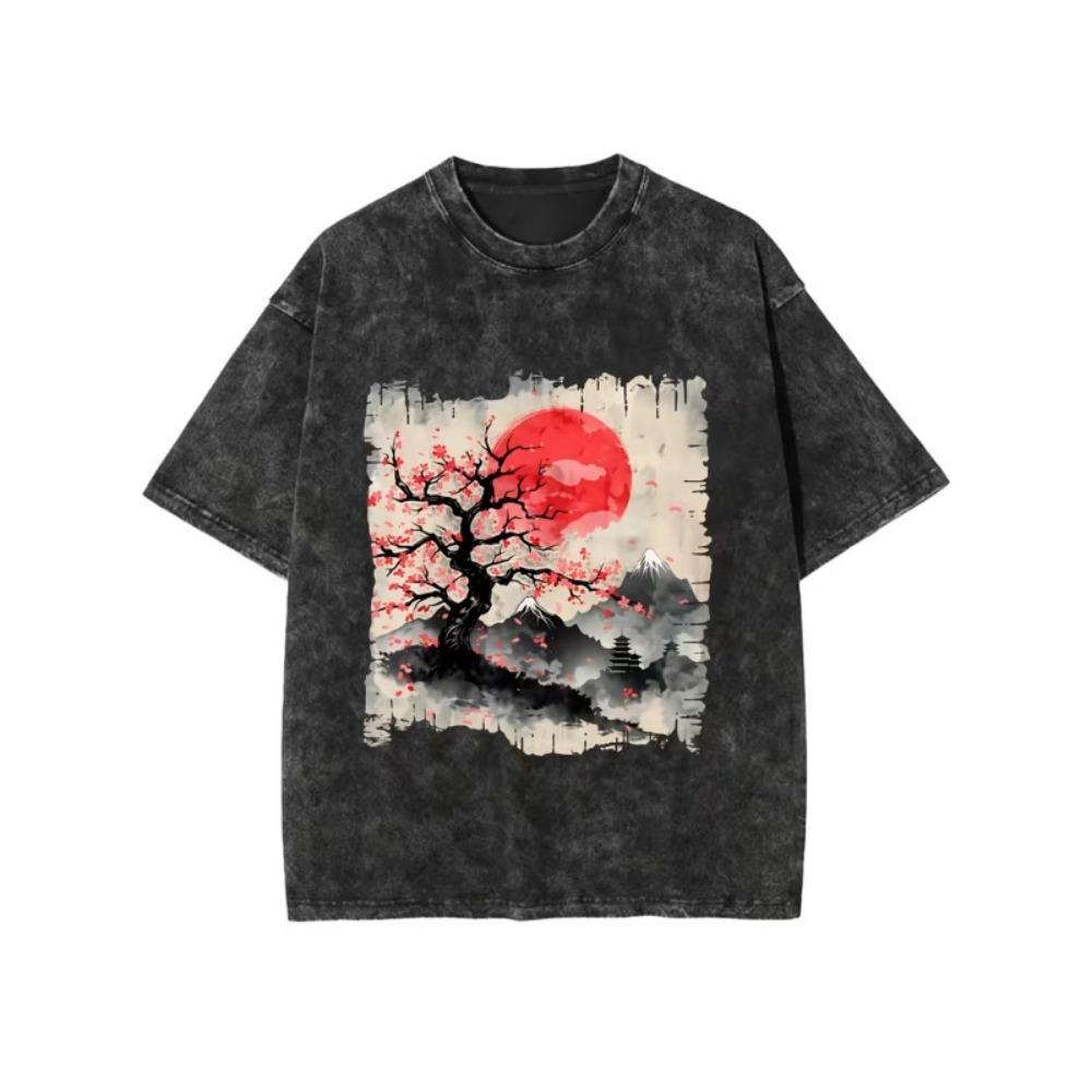 T-shirt Fiore di Ciliegio Giapponese Monte Fuji Stile Illustrativo Grafica Artistica Maglietta Uomo Donna Casual Manica Corta per Uso Quotidiano