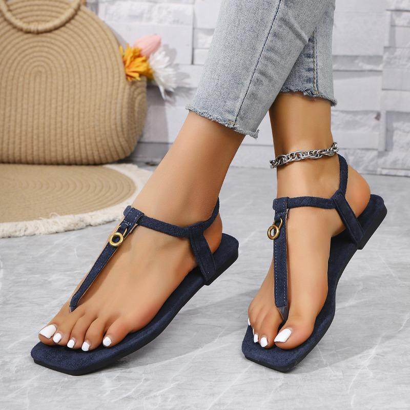 Damen Zehentrenner Sandalen Flach Metallische Schnalle Offene Zehen Römische Strandschuhe