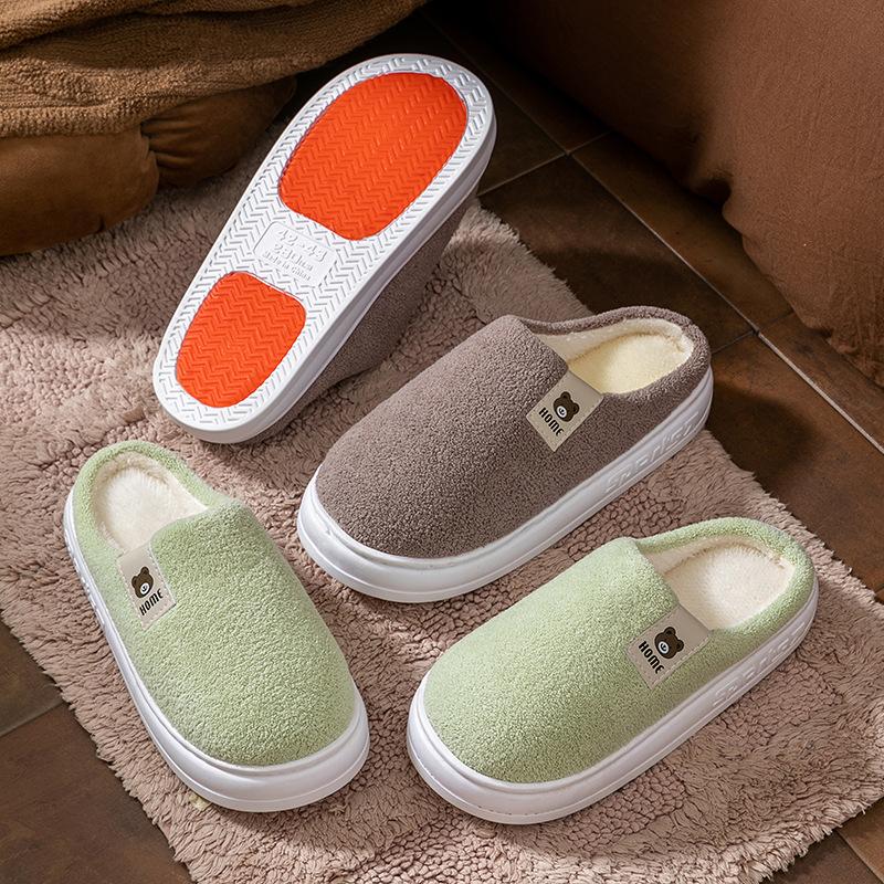 Non-slip Bottom Thermal Cotton Slippers Winter Home Piled Thickened Couple Cartoon Bear Plush Slippers