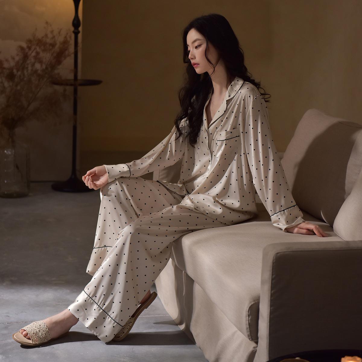 Women s Polka Dot Ice Silk Pajama Set - Long Sleeve, Light Luxury for Spring/Autumn Home Wear XXL