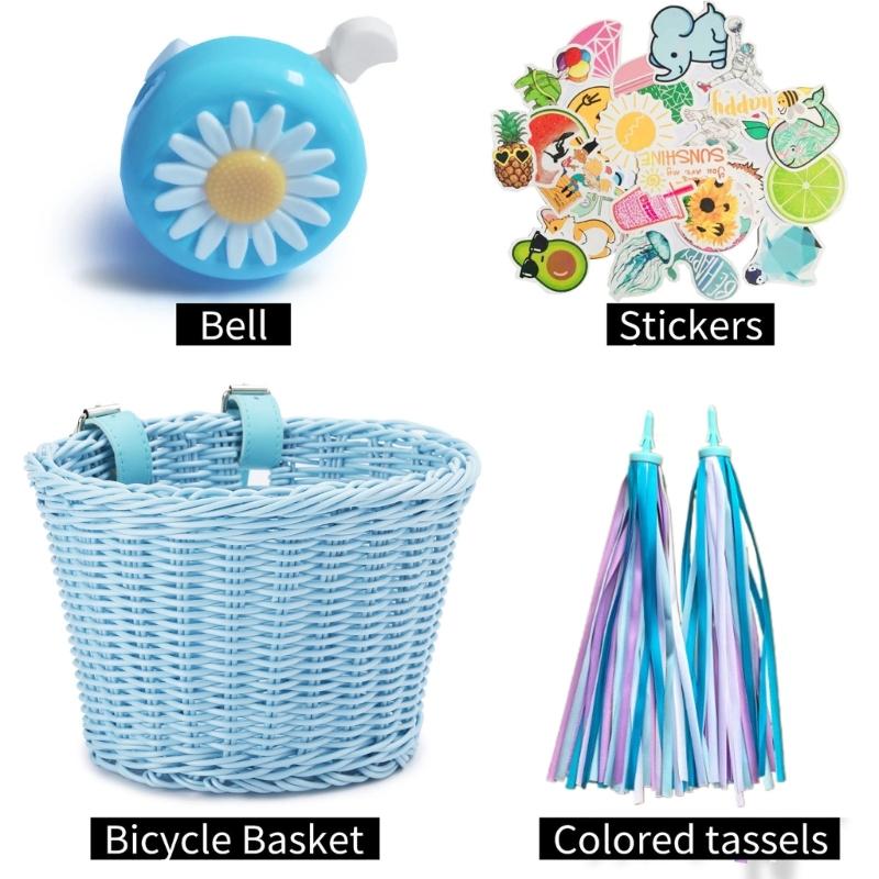 Kids Bike for Banner Set, Bicycle Handlebar Wicker Basket with Colors and Bike Bells and Decals, Boys Girls Bike Decorat