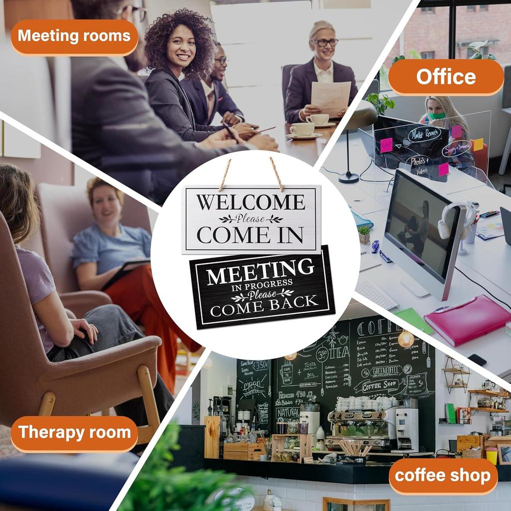 Double-Sided Office Door Hanger Sign, Acrylic Welcome Please Come In, Meeting In Progress Please Do Not Disturb, Red/Green and Wood Grain Options