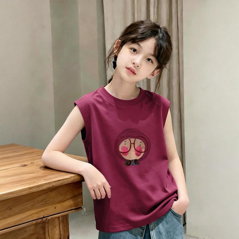 Korean Style Girls' Cotton Sleeveless Summer Vest for Ages 6-12
