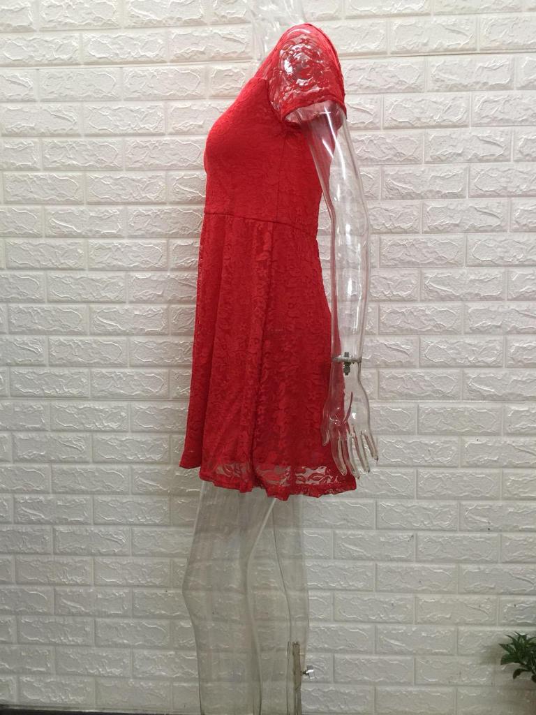 Elegant Blue Lace Trim Round Neck Short Sleeve Dress