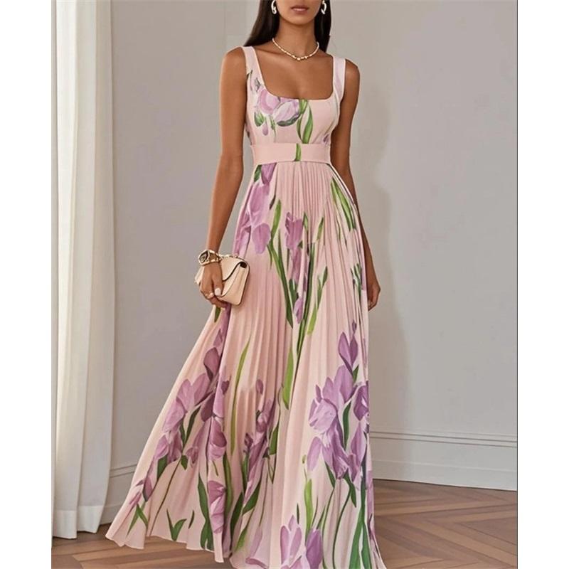 

Европейский и американский стиль Элегантное вечернее платье Плиссированное платье с принтом Летнее новое платье без рукавов Длинное платье XL