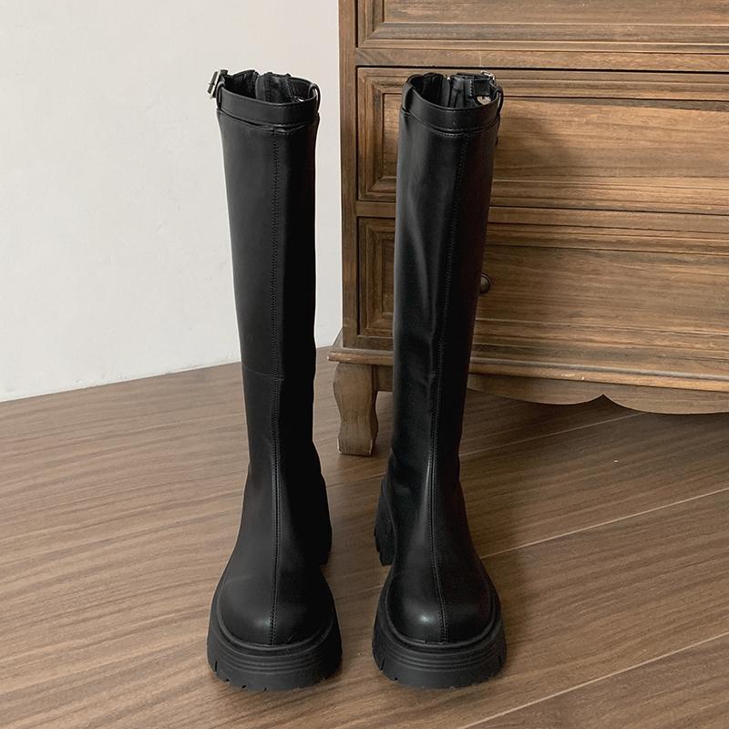 Vintage Winter Belt Buckle Women Knee High Boots Fashion Platform Long Booties Designer Thick Heels Botas De Mujer