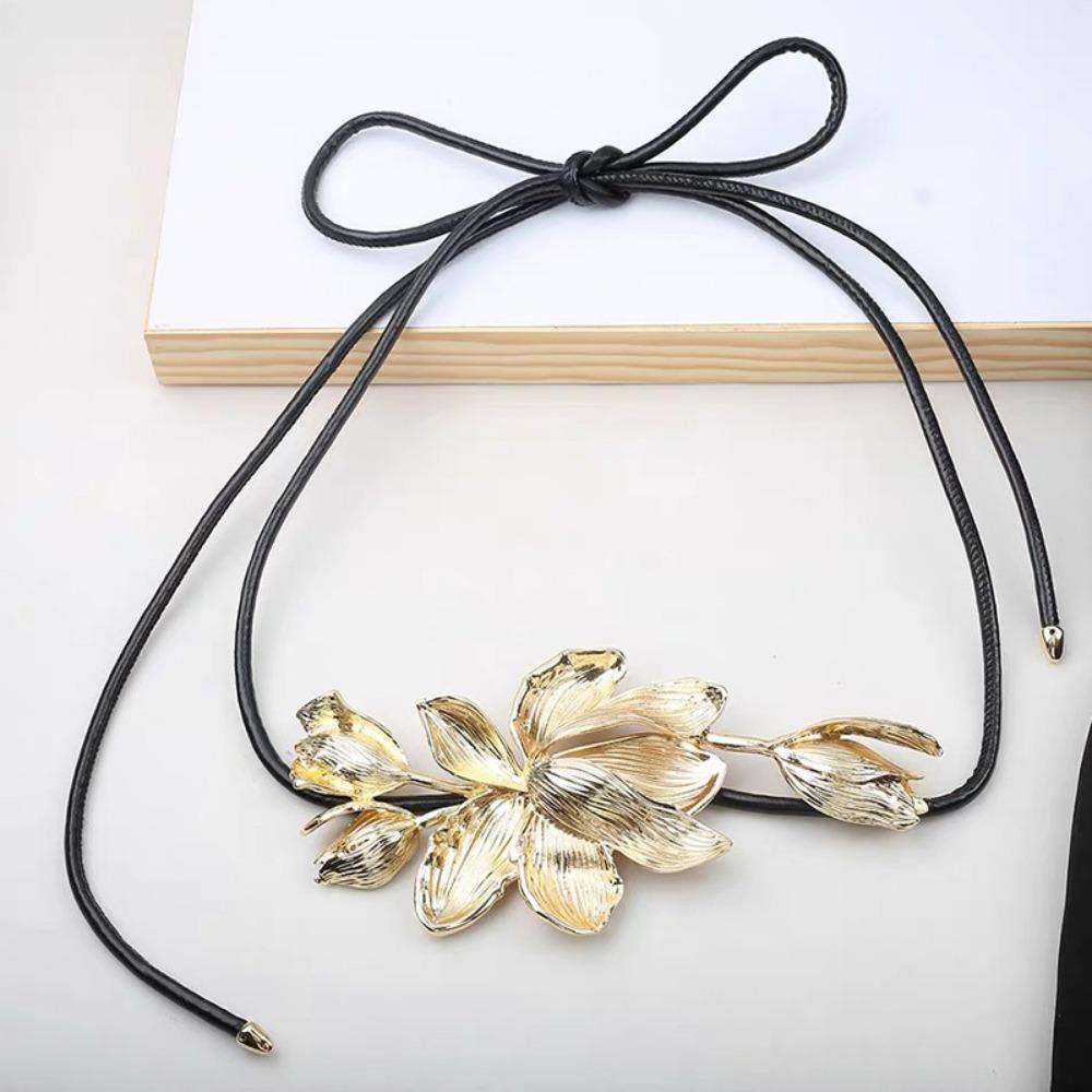 Vintage Zinc Zinc Alloy Flower Belt Elegant PU Leather Rope Belt Fashion Tulip Waist Chain  Women
