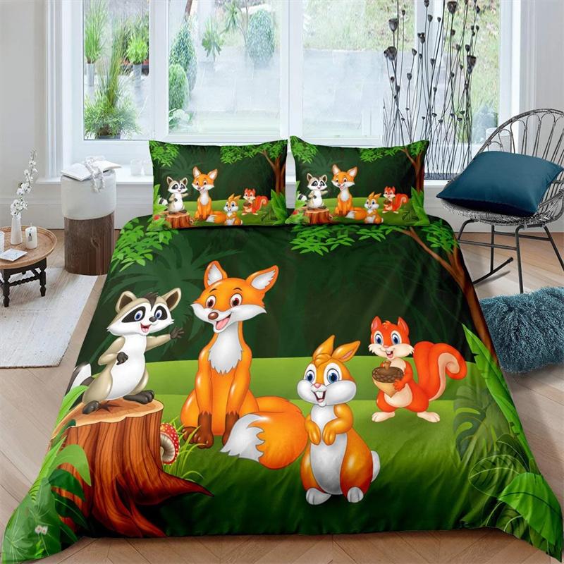 3D Squirrel King Queen Duvet Cover Lovely Animal Bedding Set for Kids Teens Adults Wildlife Green Leaves Soft 2/3pcs Quilt Cover