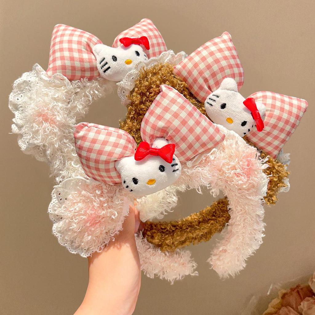 Cute KT Cat Bow Plush Headband for Women, Photo Hair Clip, High Top Headband, Face Washing Accessory