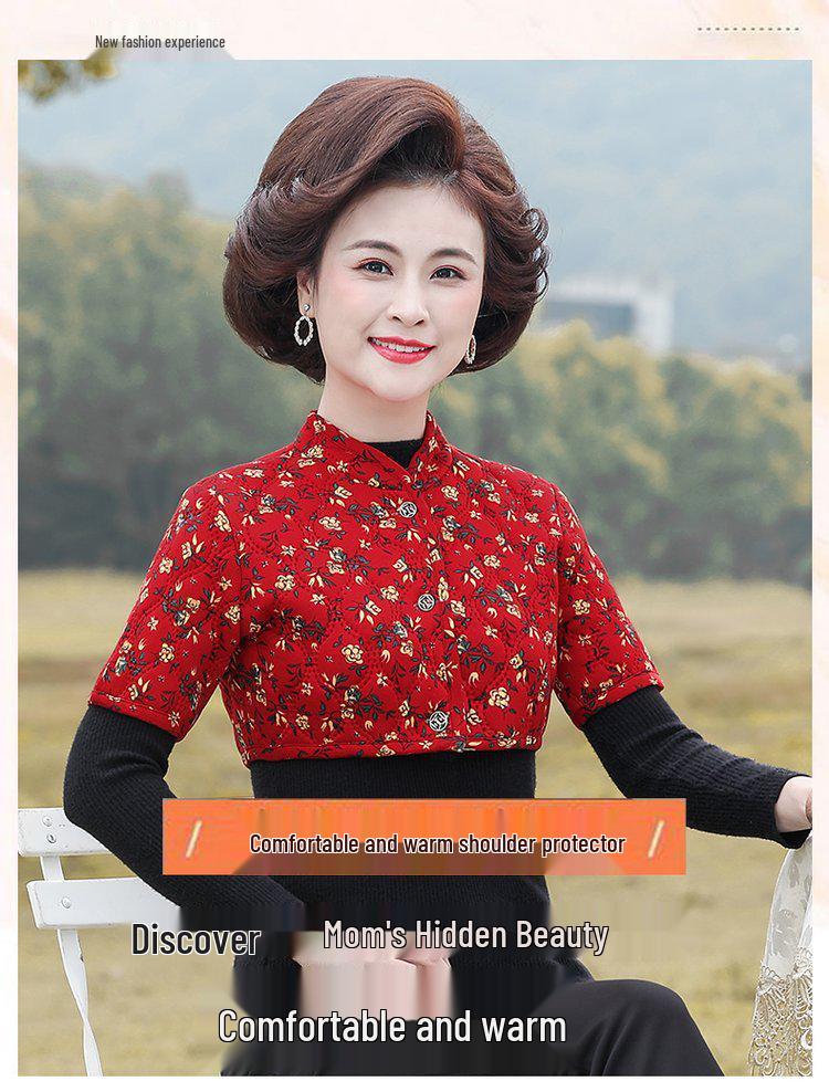 Mom's Velvet-Lined Shoulder Protector & Mid-Sleeve Vest for Elderly Women's Warmth and Neck Support