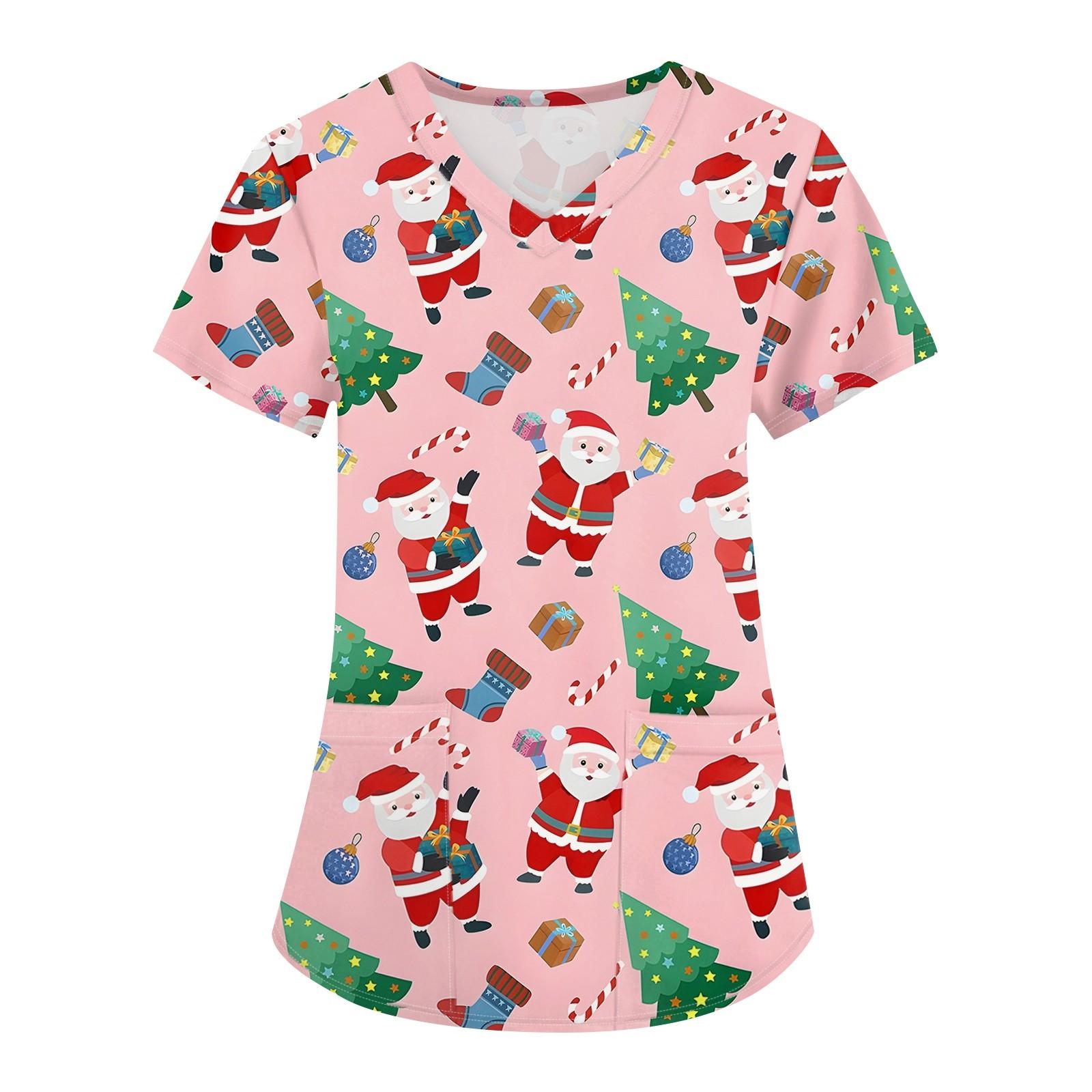 

Женская мода с v-образным вырезом, короткими рукавами и карманами, топы с рождественским принтом L розовый