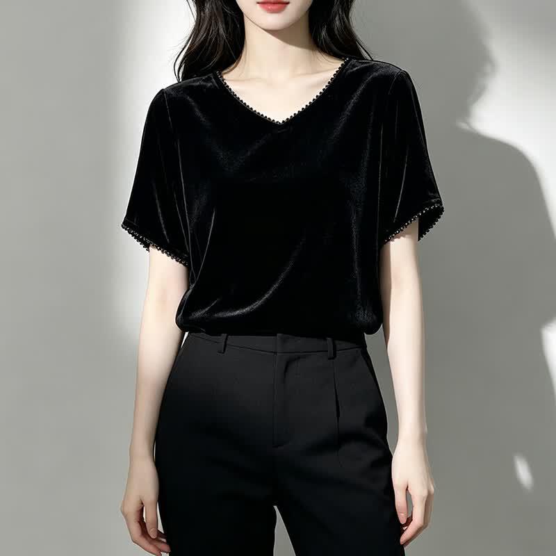 Damen Mulberry Seidenvelours V-Ausschnitt Kurzarm Top