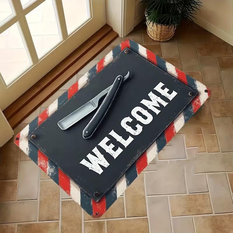 Vintage Barber Shop Welcome Mat Suitable for Commercial Decoration Entrance of American Hair Salons, Vintage Barber Shop Carpet