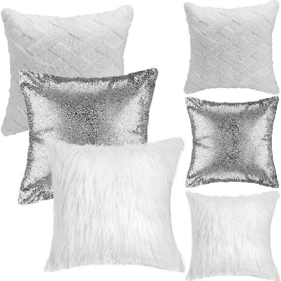 Frienda 6 Pcs Sequin Throw Silver Pillow Covers and Fluffy Pillow Cases Plush Short Wool Velvet Decorative Throw Pillow Covers Faux Fur for Couch Bed