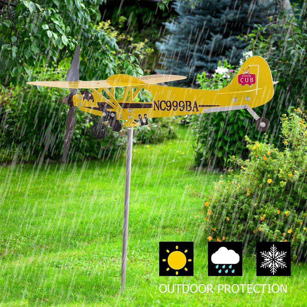 3D Piper J3 Cub Wind Spinner Plane Metal Airplane Weather Vane Outdoor Plug-in Windmill Wind Direction Compass Garden Decoration