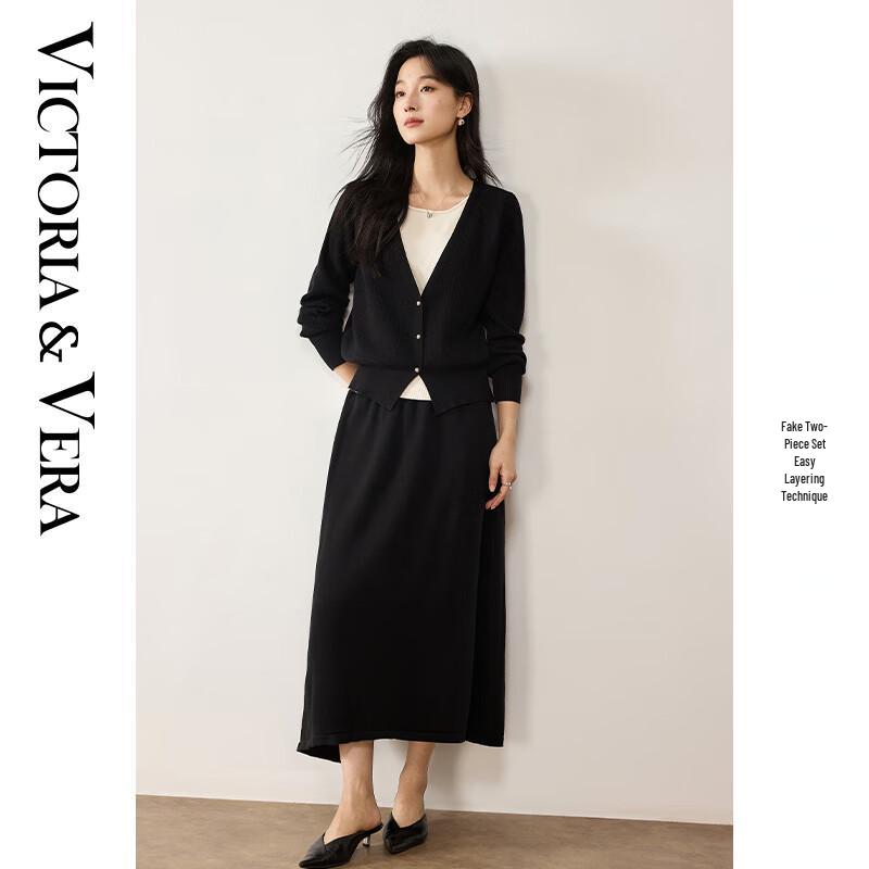 VICTORIA&VERA Women s Faux Two-Piece Cardigan & Skirt Set L