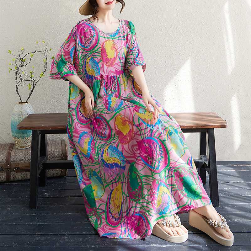 Women's Thin Cotton and Linen Round Neck Short Sleeved Minimalist Long Skirt