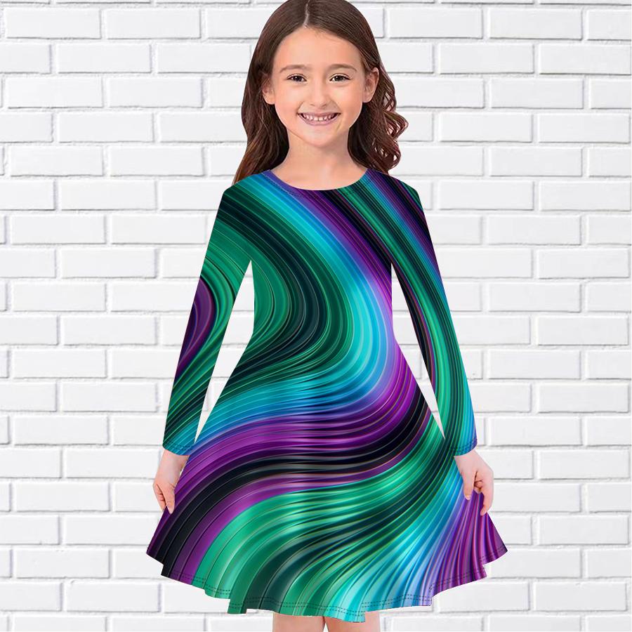 

Girl Casual Colour Curved Ripple Print Round Neck Long Sleeve Dress Kid Princess Dress