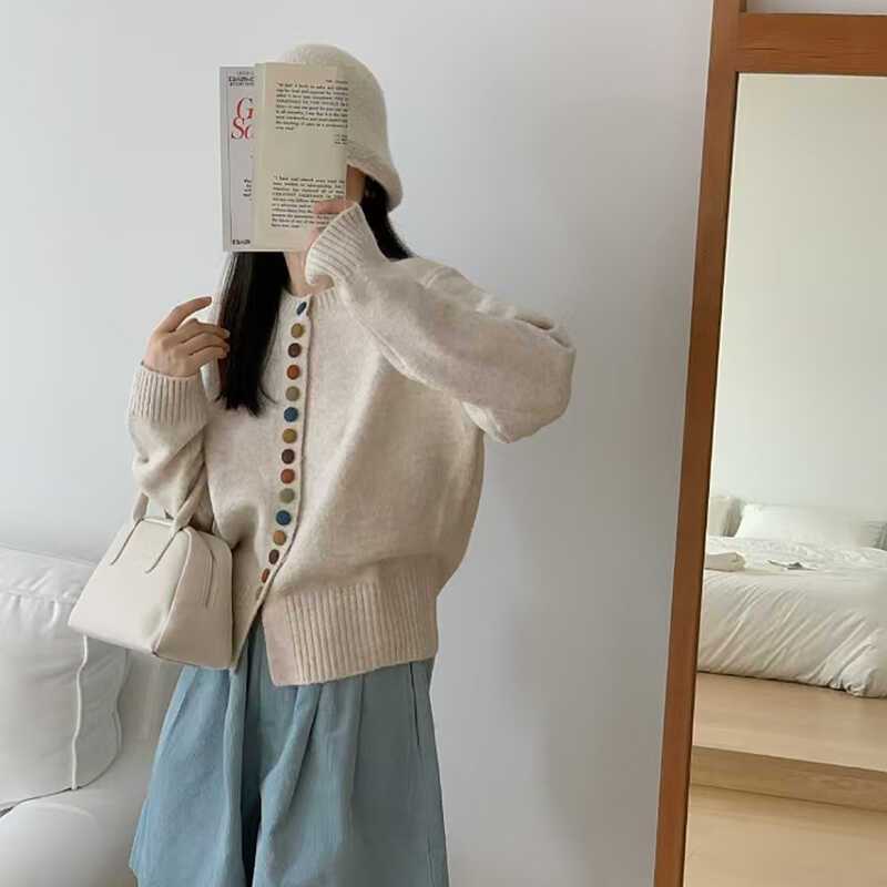 Women's Loose Lazy Colorful Button Round Neck Sweater Coat Autumn Winter Knitted Cardigan Versatile Top