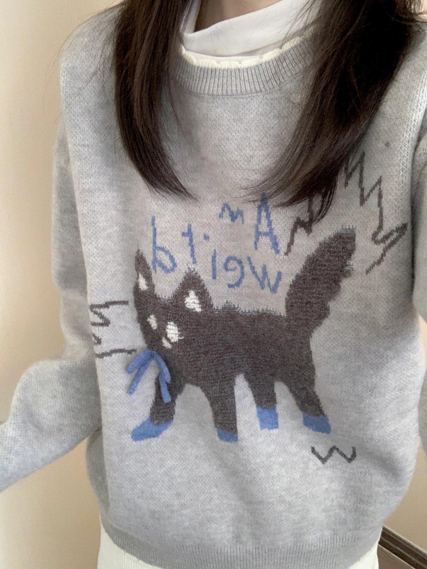 

Korean Cute Knit Kitten Sweater - Soft Gray Jacquard Pullover for Women, Perfect for Autumn and Winter. L (Recommended 105-115 lbs)