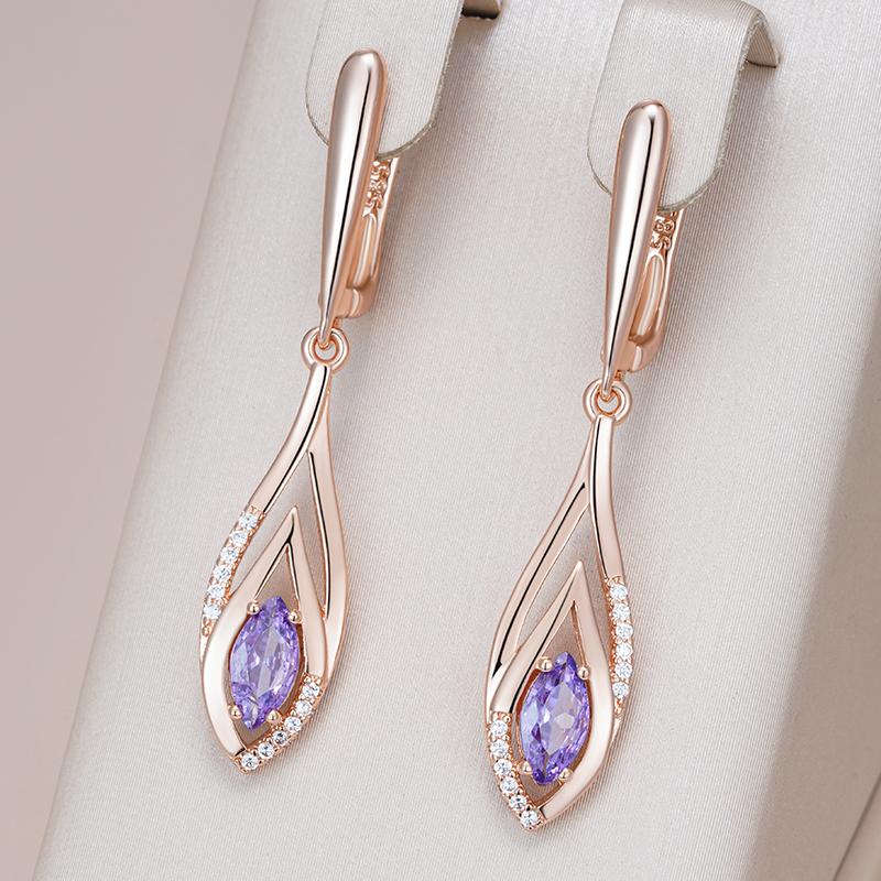 Shiny Purple Natural Zircon Long Dangle Earrings For Women  Rose Gold Color Vintage Ethnic Bride Daily Fine Jewelry